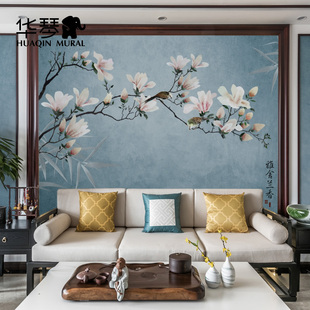 华琴新中式电视背景墙壁纸，影视墙墙布客厅，壁布卧室墙纸花鸟壁画