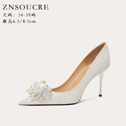法式白色结婚鞋子2024水晶新娘，主婚纱浅口尖头高跟鞋小众单鞋