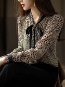 气质优雅系带飘带领长袖衬衫，豹纹图案微透视薄款衬衣衬衫女上衣