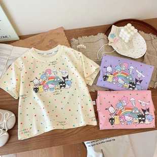 女童韩版幼儿园卡通螺纹领棉布短袖上衣甜美T恤儿童卡通印花亲子