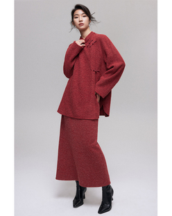 showyee超细精纺羊毛新中式，盘扣中国风，禅意本命年新年绒感套装裙