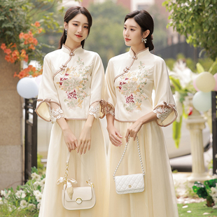 中式伴娘服女2024汉服姐妹装结婚礼服小个子国风旗袍伴娘团裙