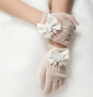 网眼蝴蝶结女童礼服手套，婚纱花童白色，手套短薄款公主蕾丝儿童手套