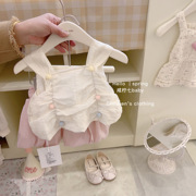 女童韩系夏季甜美气质吊带，2024女宝宝网红洋气小众时尚褶皱上衣衫