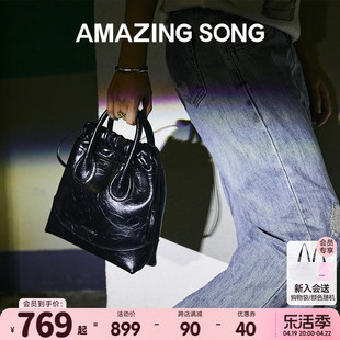 amazingsong流浪袋小号单肩软牛皮，托特斜挎包手提水桶包包女