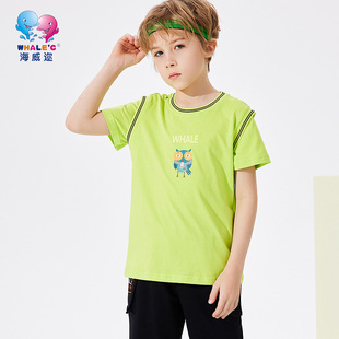 whale′c海威迩男童装2023夏季儿童炸街上衣圆领草绿短袖T恤