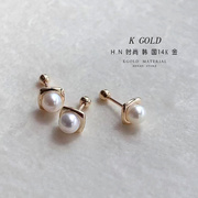 韩国纯10K金珍珠耳钉简约气质棱形四方边淡水镶嵌珍珠耳饰潮