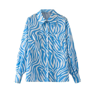 长袖涂鸦水波纹条纹拼色衬衫，法式薄款印花蓝白撞色条休闲宽松衬衣