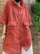 棉麻衬衣女夏季中长上衣红色，大口袋苎麻大码宽松休闲防晒百搭衬衫