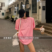 粉红色中长款垫肩短袖t恤女欧货大版2024上衣，高级感遮屁股夏