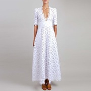 欧美夏季白色V领拼接花边白色蕾丝连衣裙长裙大摆礼服主持人裙子