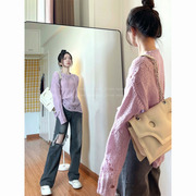 粉紫色镂空毛衣女(毛衣女，)春秋设计感小众宽松慵懒风套头针织衫长袖上衣