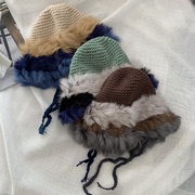 兔毛拼接针织帽女秋冬季保暖毛线帽韩版甜美可爱毛绒护耳包头帽子