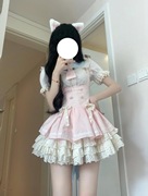 甜美公主风lolita裙粉色，泡泡袖衬衣背带，拼接蕾丝蓬蓬连衣裙两件套