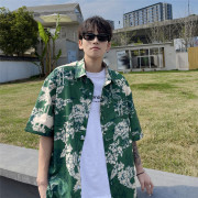 短袖花衬衫男夏季小众设计感美式潮牌痞帅五分袖衬衣宽松休闲外套