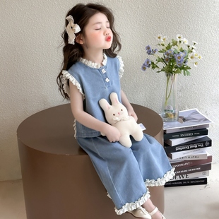 女童夏装牛仔套装2025新款儿童背心阔腿裤时髦两件套宝宝夏季衣服