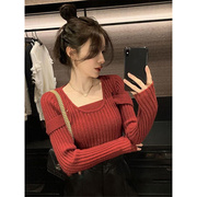 韩国2023秋冬方领红色毛衣针织衫，女内搭打底衫洋气长袖上衣潮