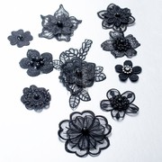 黑色蕾丝朵花钉珠镶钻手工，布贴镶钻花边，花朵补丁手缝装饰贴