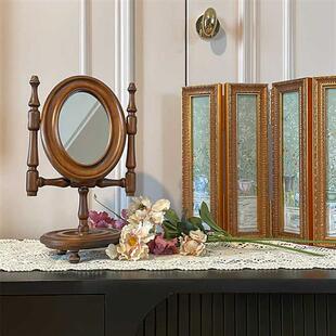 画玩美法式复古镜子女生卧室中古桌面木质化妆镜实木台式梳妆镜