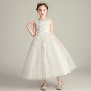 儿童白色公主裙蓬蓬裙，亮片女童连衣裙花童婚，纱裙长裙女孩演出礼服