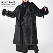 PUNKRAVE原创设计朋克中长款毛绒外套女复古拼接秋冬黑色过膝大衣