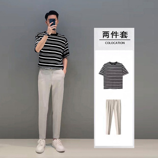 短袖t恤男黑白条纹半袖夏季时尚搭配两件套白色，裤子潮九分小西裤