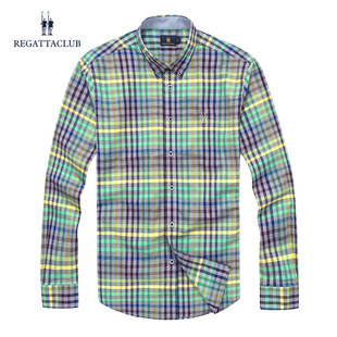 regattaclub春季纯棉质面料衬衫，直筒休闲格子衬衣，男士长袖衬衫