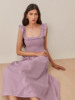 reformatio* 温柔粉紫色公主范大方领弹力褶皱花边修身复古连衣裙