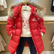 冬款女童收腰中长款连帽毛领羽绒服大红色新年装保暖外套加厚格子