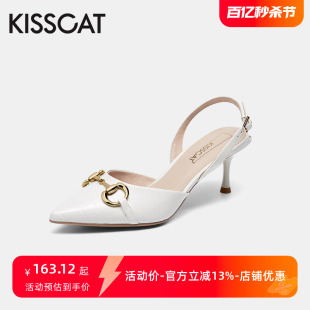 kisscat接吻猫夏季羊皮，尖头浅口后空，高跟包头凉鞋女ka21100-18