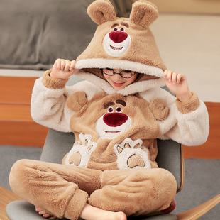 秋冬季可爱熊二男童珊瑚绒，睡衣卡通青少年大中小童男孩家居服套装