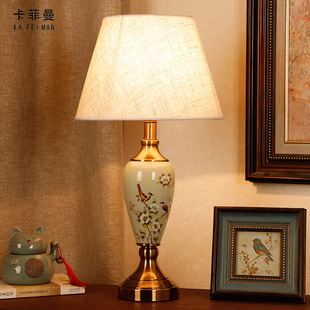 触摸陶瓷台灯美式简约现代中式卧室客厅，书房温馨暖光结婚床头灯