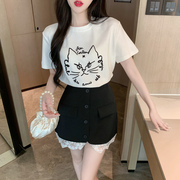 猫咪印花短袖正肩T恤女高级设计感气质小众上衣搭配蕾丝半身裙夏