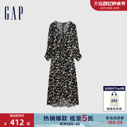 Gap女装春季法式气质印花V领长袖连衣裙时尚复古泡泡袖洋装792429