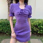 怪诞女孩  法式紫色复古连衣裙个性绑带洋气短裙女灯笼袖心机裙子