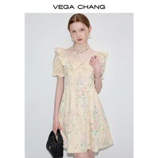 vegachang短裙连衣裙，女2024年夏季复古法式绣花方领花边长裙