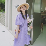 高级感淡紫色连衣裙女夏季2023小个子超仙气质今年流行的裙子