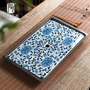 陶迷青花茶盘复古陶瓷小型蓄水盘长方形功夫茶具简约小茶台干泡盘