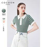 missCOCOON夏装款气质韩系Polo领荷叶边格纹针织衫上衣