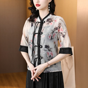 中国风文艺复古开衫，春夏气质防晒雪纺衫，印花唐装五分中袖女衬衣