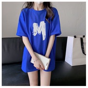 克莱因蓝短袖t恤女夏季韩版宽松大码中长款半袖上衣ins潮流