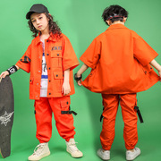 儿童街舞演出服套装男童桔色橙，hiphop少儿女童嘻哈，潮工装半袖裤子