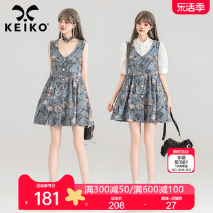 keiko温柔复古减龄牛仔，连衣裙夏季蝴蝶彩印，a字显瘦背心短裙小个子