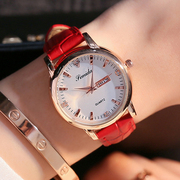 红色真皮带镶钻女士手表时尚潮流防水双日历玫瑰金学生高档腕表