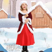 平安夜聚餐派对圣诞舞台演出亲子，酒红色长裙可爱圣诞女童服