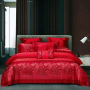 高档婚庆四件套大红床上用品结婚被套贡缎刺绣蕾丝婚房喜事床品八