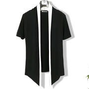 夏季男短袖开衫，韩版潮流个性薄款针织衫外套青年，黑色休闲半袖上衣