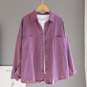 出口高端纯棉磨毛紫色衬衫外套女设计感小众，宽松休闲上衣打底衫