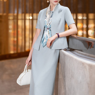 浅蓝色连衣裙女夏季2024时尚气质高级感职业，套装裙西装两件套