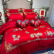新中式婚庆100s支全棉贡缎四件套 百子纳福刺绣被套红色结婚床品